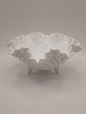 Vintage Fenton White Milk Glass Hobnail 3 Footed Ruffled Crimped Candy Dish